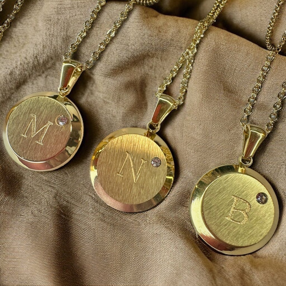 NEW 18K Gold-Plated Stainless Steel Round Medallion Initial Pendant w CZ Crystal